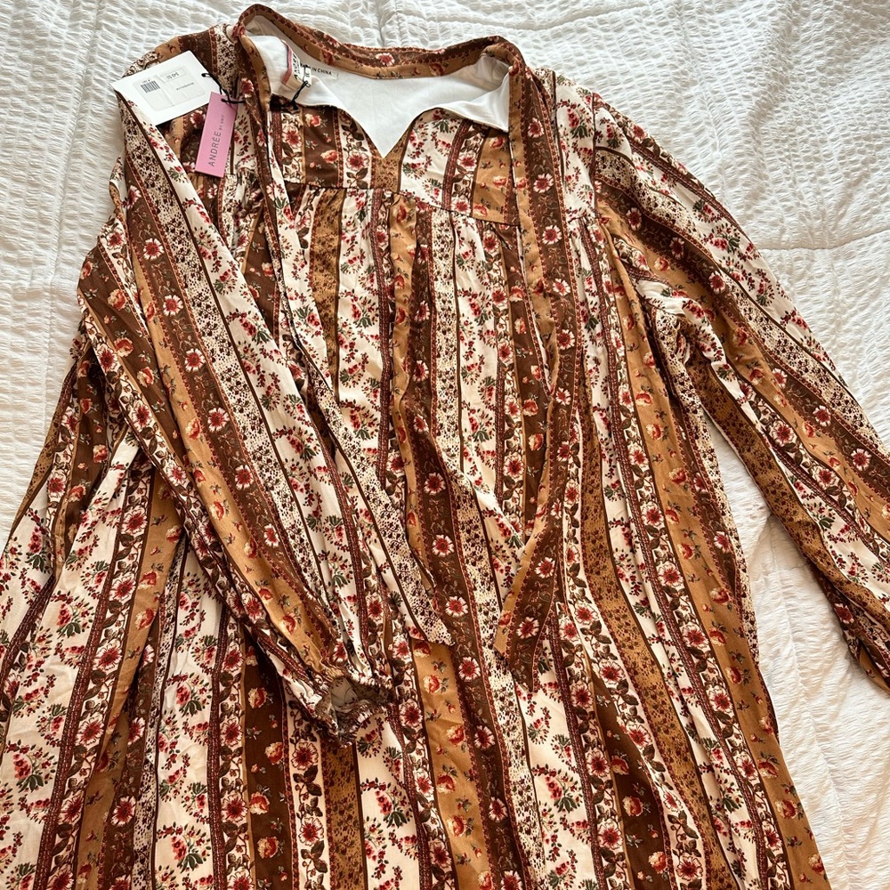 NWT Women’s Plus ANDRÉE By Unit Brown Floral Fall Boho Dress